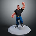 Muscular Game Movie Character In Black T-Shirt Blue Jeans Gray Sneakers Raising Fist