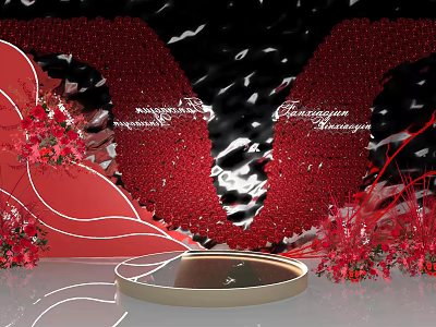 Red And Black Floral Decorative Scene With Curved Red Accents And Round Platform 3d model