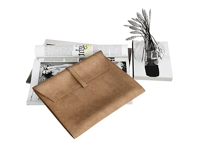 Elegant Minimalist Ornament Set With Brown Envelope Bag Newspapers Glass Vase And Dried Flowers 3d model