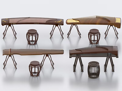 Traditional Chinese Guzheng Musical Instruments with Wooden Stools and Stands 3d model