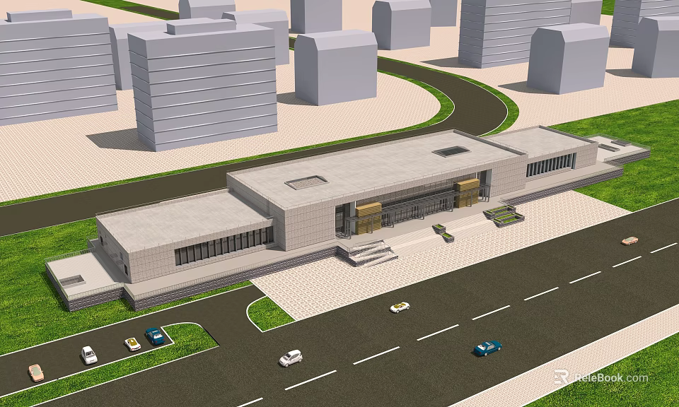 Modern Building Structure With Surrounding Skyscrapers Roads Vehicles And Greenery 3d model 