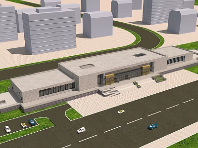 Modern Building Structure With Surrounding Skyscrapers Roads Vehicles And Greenery 3d model