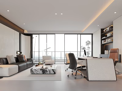 Modern Office Interior With Large Windows Sofa Area Work Desk And Bookshelves 3d model