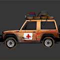 Orange Off Road Vehicle With Red Cross Symbol Roof Rack Carrying Luggage For Rescue Missions