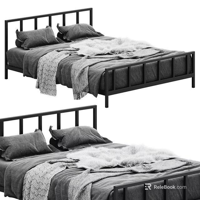 Modern Double Bed With Black Frame Grey Pillows And Faux Fur Blanket 3d model 