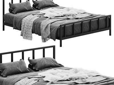 Modern Double Bed With Black Frame Grey Pillows And Faux Fur Blanket 3d model