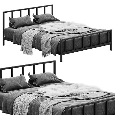 Modern Double Bed With Black Frame Grey Pillows And Faux Fur Blanket 3d model