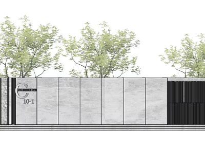 Modern Concrete Feature Wall With Green Trees And Black Vertical Grille Design 3d model