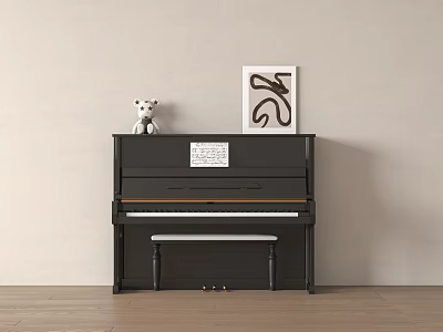 Classic Black Piano with Sheet Music Teddy Bear and Wall Painting in Room with Bench 3d model