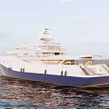 Luxury Yacht Sailing on Ocean with White Blue Hull Multiple Decks and Top Radar Equipment