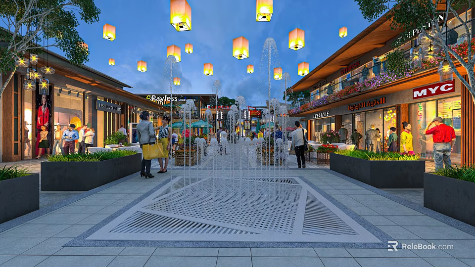 Vibrant Commercial Pedestrian Street With Hanging Lanterns Central Fountain And Shops 3d model 