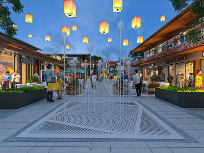 Vibrant Commercial Pedestrian Street With Hanging Lanterns Central Fountain And Shops 3d model