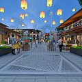 Vibrant Commercial Pedestrian Street With Hanging Lanterns Central Fountain And Shops