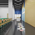 Kindergarten Indoor Activity Space With Blue Track Green Lawn Black Cube And Colorful Cones