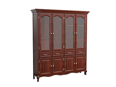 Classic Dark Brown Wooden Bookcase With Glass Doors Drawers And Cabinets 3d model