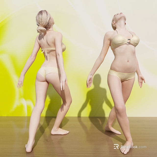 Two Women in Bikini Posing Against Yellow Background on Wooden Floor 3d model 