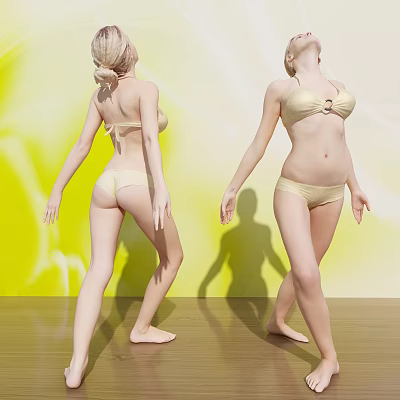 Two Women in Bikini Posing Against Yellow Background on Wooden Floor 3d model
