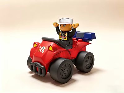 Red Toy Play Vehicle With Yellow Details Blue Component And Small Figure In White Hat 3d model
