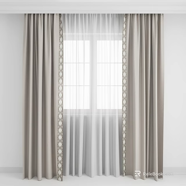 Light Gray Double Layer Curtains With White Sheer And Decorative Trim For Modern Window Interior 3d model 