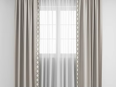 Light Gray Double Layer Curtains With White Sheer And Decorative Trim For Modern Window Interior 3d model