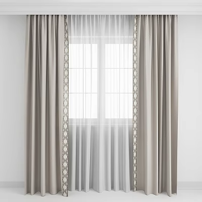 Light Gray Double Layer Curtains With White Sheer And Decorative Trim For Modern Window Interior 3d model