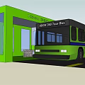 Green Public Bus Station with Bus and Yellow Road Lines