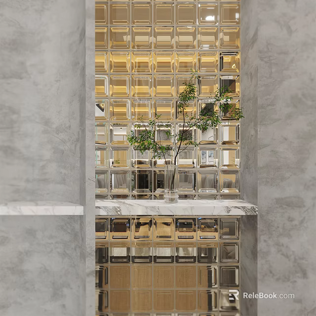 Modern Cyber Cafe Interior With Glass Brick Wall And Green Plants On Marble Countertop 3d model 