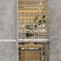 Modern Cyber Cafe Interior With Glass Brick Wall And Green Plants On Marble Countertop