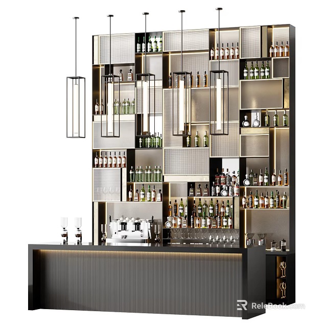Modern Wine Cabinet With Multiple Shelves Various Wine Bottles And Hanging Lights 3d model 