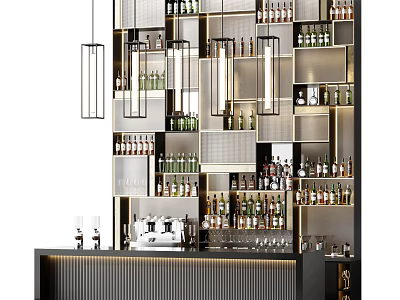 Modern Wine Cabinet With Multiple Shelves Various Wine Bottles And Hanging Lights 3d model