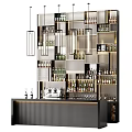 Modern Wine Cabinet With Multiple Shelves Various Wine Bottles And Hanging Lights