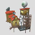 Colorful Cartoon Scene Featuring Yellow Houses Red Roofs Satellite Dishes Tall Tower And Big Eye