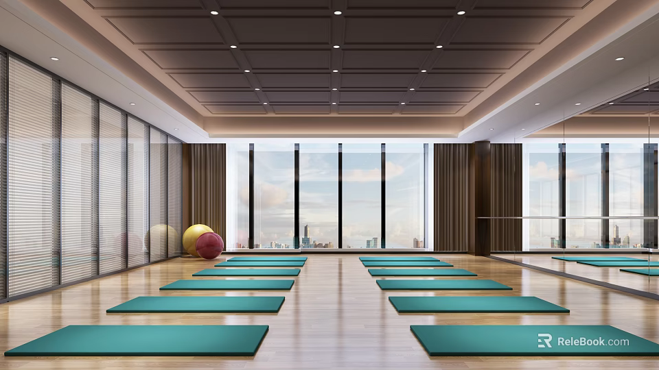 Spacious Fitness Studio With Green Yoga Mats Arranged Exercise Balls Large Windows And City View 3d model 