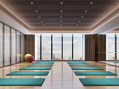 Spacious Fitness Studio With Green Yoga Mats Arranged Exercise Balls Large Windows And City View 3d model