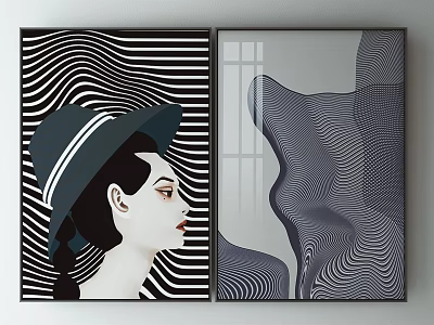 Abstract Black And White Wall Art With Woman Profile Hat And Wavy Lines Design 3d model