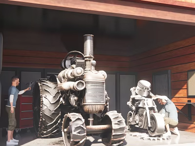 Vintage Steam Tractor In Workshop With Men Working Near Motorcycle And Wooden Garage Walls 3d model