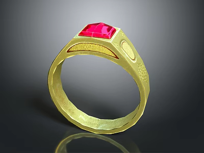 Gold Ring Featuring Square Red Gemstone And Intricate Engraved Details 3d model