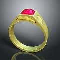 Gold Ring Featuring Square Red Gemstone And Intricate Engraved Details 3d model