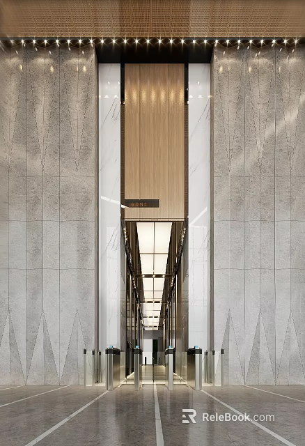 Modern Service Hall Interior With Marble Walls And Ceiling Lights 3d model 