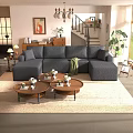Modern Black Fabric Leisure Sectional Sofa Set For Bright Cozy Sunlit Home Living Room Decor