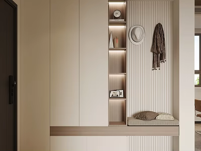 Modern Minimalist Shoe Cabinet With Storage Shelves Hanging Hooks And Shoe Bench 3d model