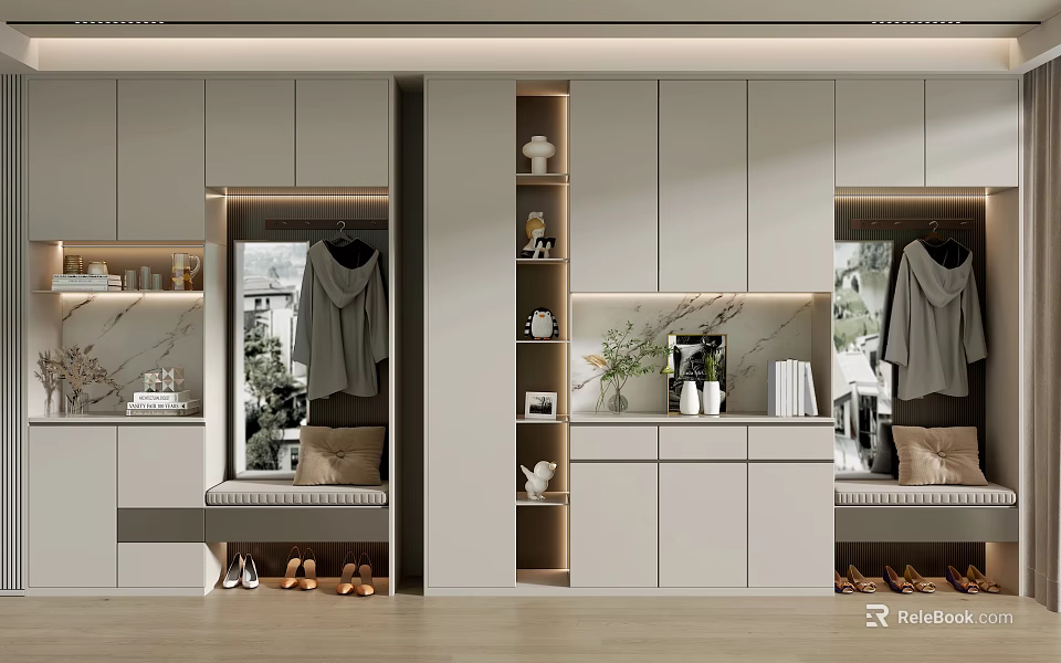Modern Shoe Cabinet With Storage Shelves Mirror And Clothing Hanger In Bright Natural Light Interior 3d model 