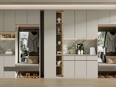 Modern Shoe Cabinet With Storage Shelves Mirror And Clothing Hanger In Bright Natural Light Interior 3d model