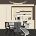 Modern Restaurant Interior With Round Dining Table Chairs White Cabinets And Pendant Light 3d model