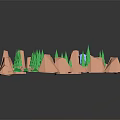 Cartoon Style Scenic Landscape With Orange Mountains Green Trees Pathway And Blue Fountain