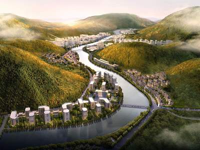 Aerial View Mountain Planning Basin Urban Planning Mountain Landscape Riverside Planning Residential Villa Wetland Park Mountain Scenic Area 3d model