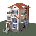 Three Story Detached Villa With Red Roof White Gray Exterior Balconies Windows And Trees