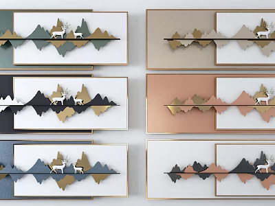 Modern Minimalist Wall Decor With Layered Mountain And Deer Designs In Various Colors 3d model