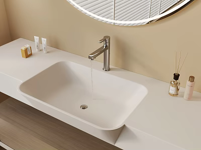 Modern Bathroom Vanity With White Sink Silver Faucet Round Mirror And Toiletries 3d model