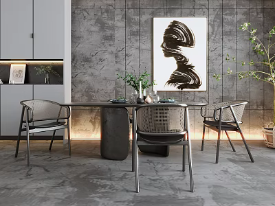 Modern Dining Table Set With Chairs Abstract Painting And Green Plants On Gray Wall 3d model
